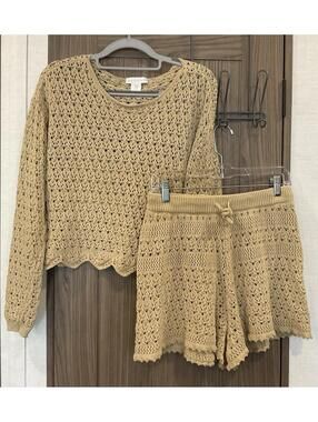 House Of Harlow Womens Tan Long Sleeve Cropped Top & Shorts Set Size M
